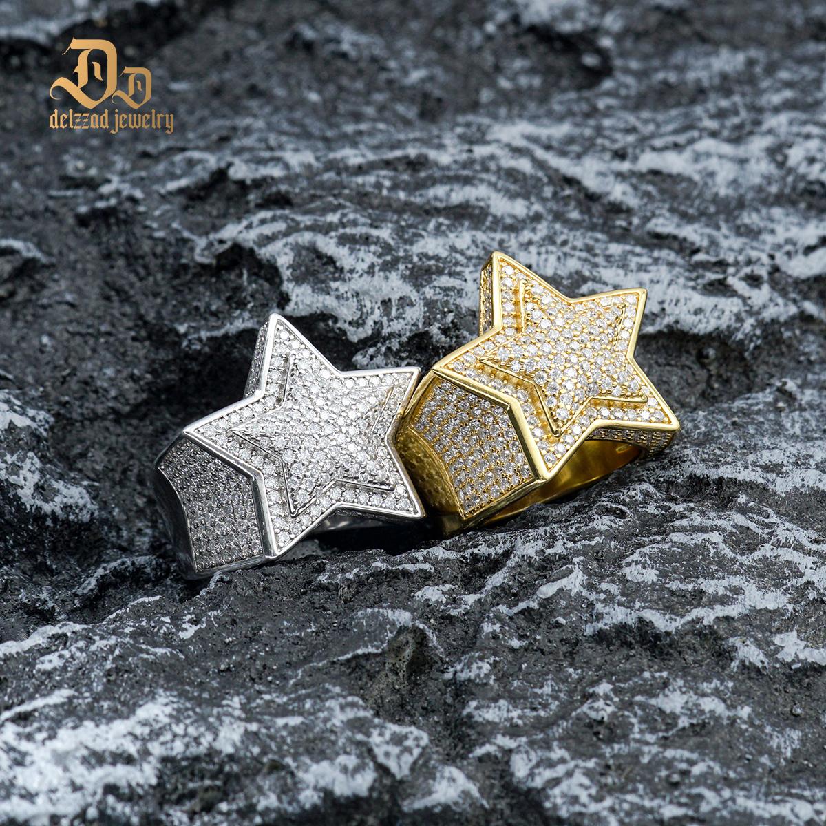 S925 Round VVS Synthetic Moissanite Hip Hop Iced Out Stars Bling Pentagram Band Ring Valentine's Day Gifts for Men