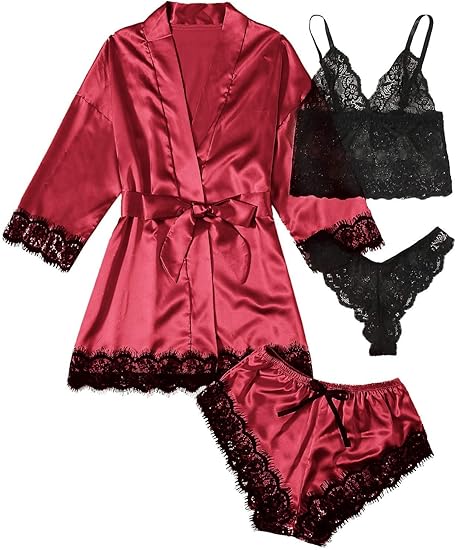 Women' Silk Satin Pajamas Set 4pcs Lingerie