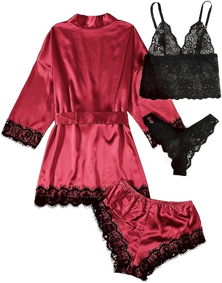 Women' Silk Satin Pajamas Set 4pcs Lingerie