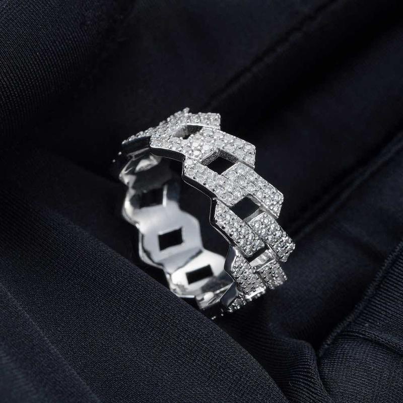 S925 Round VVS Synthetic Moissanite 2-Row Cuban Link Ring Christmas Gifts StockingStuffers For Men