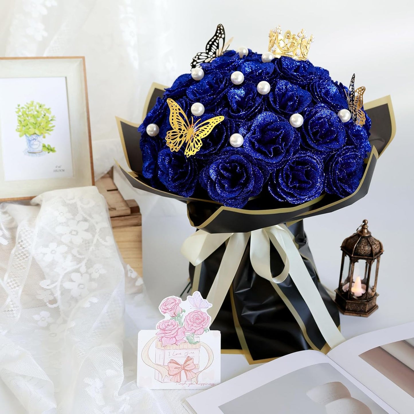 Glitter Roses Bouquet, Shiny Artificial Roses Flowers