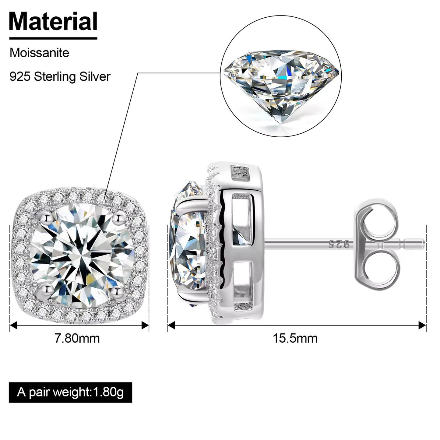 S925 SYNTHETIC MOISSANITE HALO SQUARE STUD EARRINGS BIRTHDAY GIFT FOR MEN WOMEN