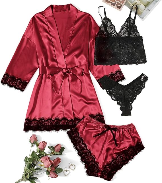 Women' Silk Satin Pajamas Set 4pcs Lingerie