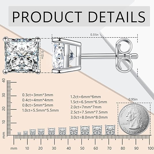 S925 PRINCESS CUT SYNTHETIC MOISSANITE STUD EARRINGS GIFT FOR MEN WOMEN