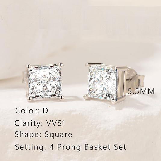 S925 PRINCESS CUT SYNTHETIC MOISSANITE STUD EARRINGS GIFT FOR MEN WOMEN