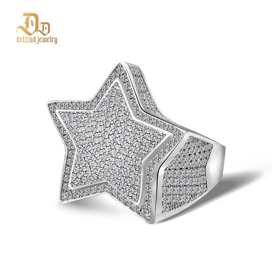 S925 Round VVS Synthetic Moissanite Hip Hop Iced Out Stars Bling Pentagram Band Ring Valentine's Day Gifts for Men