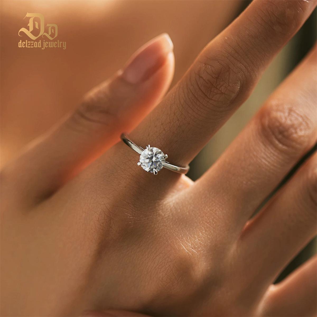 S925 1-2ct Round VVS Synthetic Moissanite Solitaire Four-Prong Ring Band Engagement Wedding Valentine's Day Gifts For Her