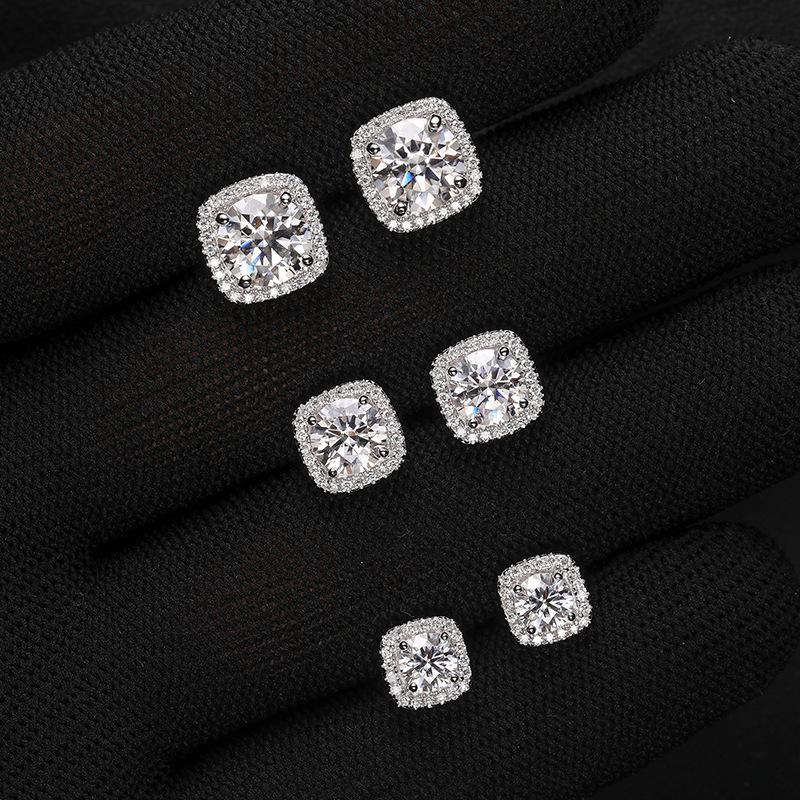 S925 SYNTHETIC MOISSANITE HALO SQUARE STUD EARRINGS BIRTHDAY GIFT FOR MEN WOMEN