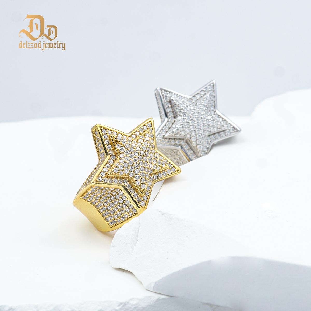 S925 Round VVS Synthetic Moissanite Hip Hop Iced Out Stars Bling Pentagram Band Ring Valentine's Day Gifts for Men