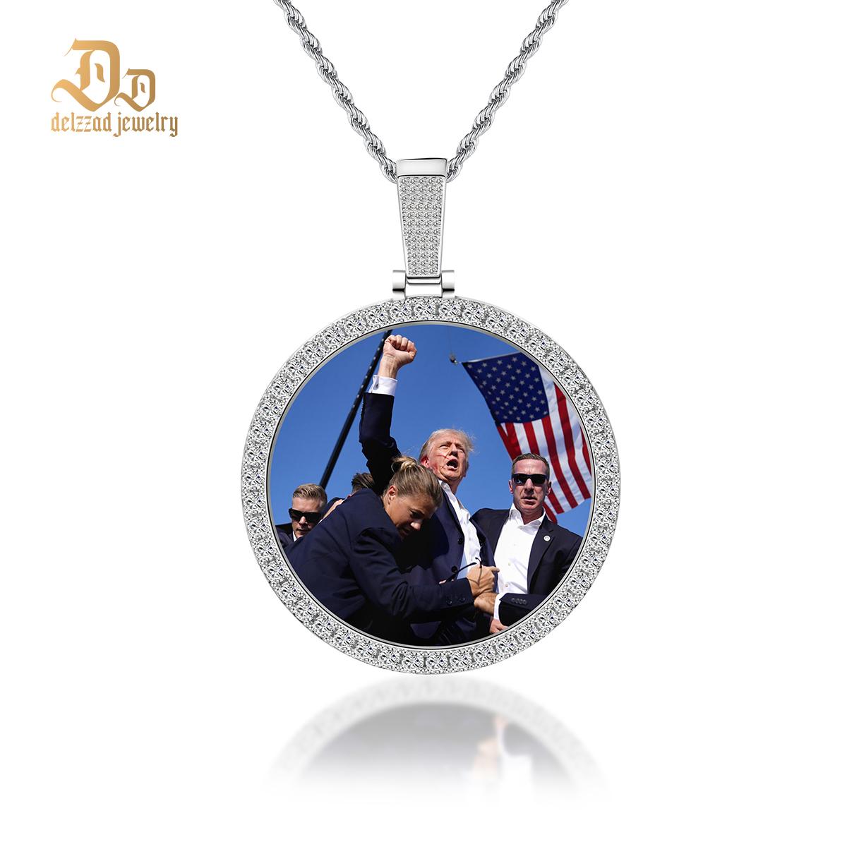 Zirconia Hip Hop Inspired Trump Memorial Photo Necklace 4547 Spirit Circle Charm Pendant Twist Chain Gift For Men Women