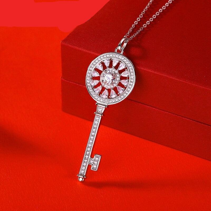 S925 SYNTHETIC MOISSANITE KEY CHARM NECKLACE CHAIN ANNIVERSARY GIFT FOR WOMEN