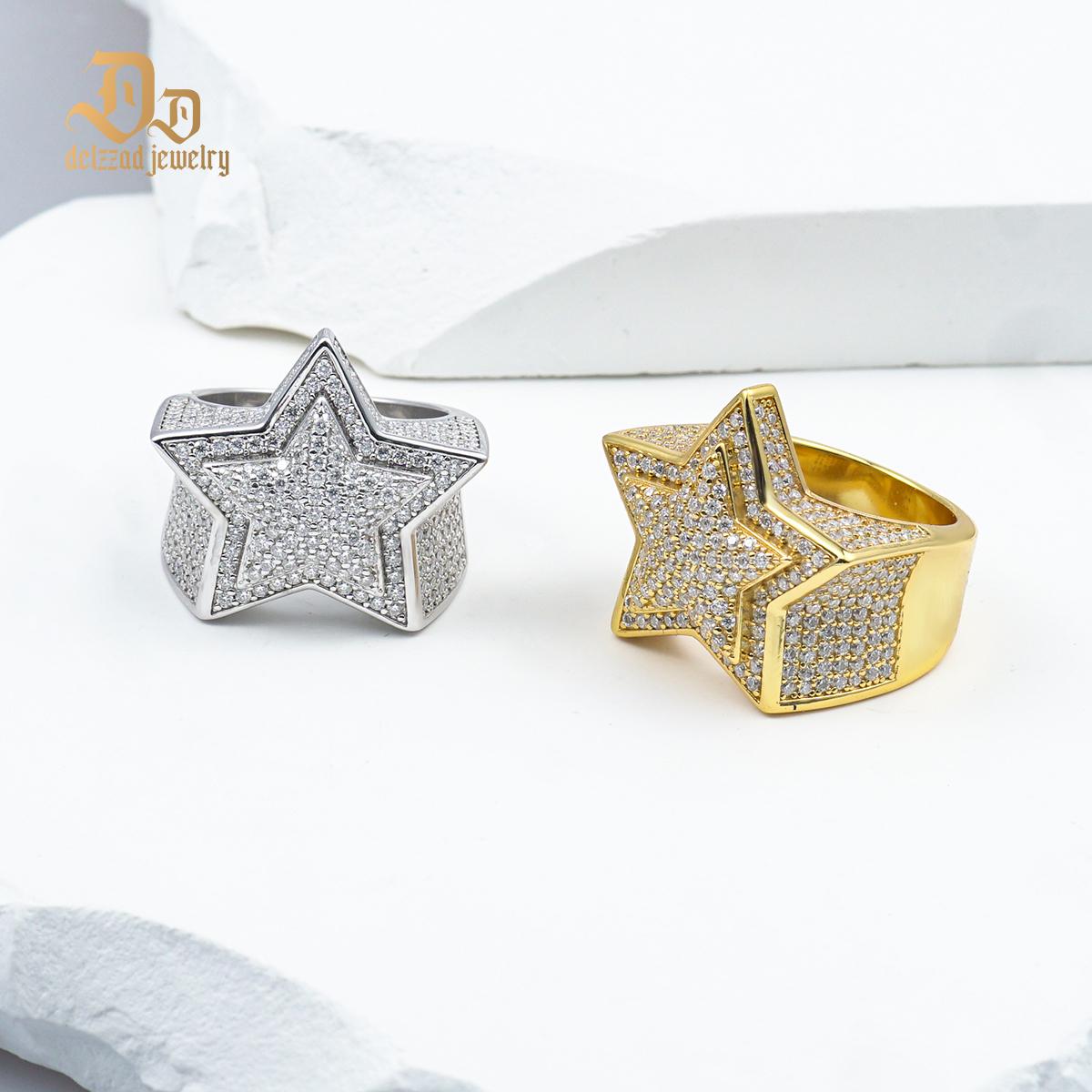 S925 Round VVS Synthetic Moissanite Hip Hop Iced Out Stars Bling Pentagram Band Ring Valentine's Day Gifts for Men