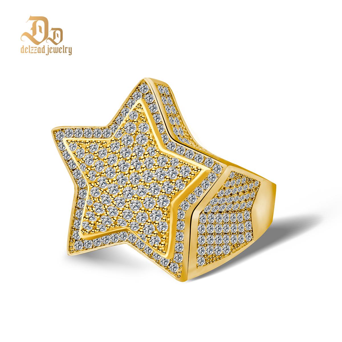 S925 Round VVS Synthetic Moissanite Hip Hop Iced Out Stars Bling Pentagram Band Ring Valentine's Day Gifts for Men