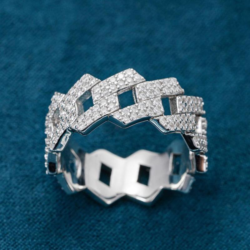 S925 Round VVS Synthetic Moissanite 2-Row Cuban Link Ring Christmas Gifts StockingStuffers For Men